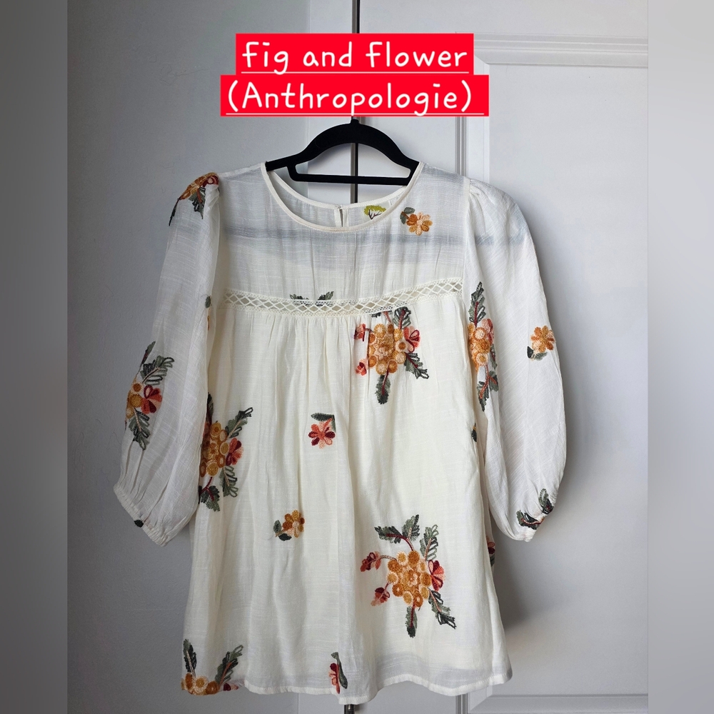 Anthropologie Fig and Flower Cream Floral Embroidered Blouse Tops